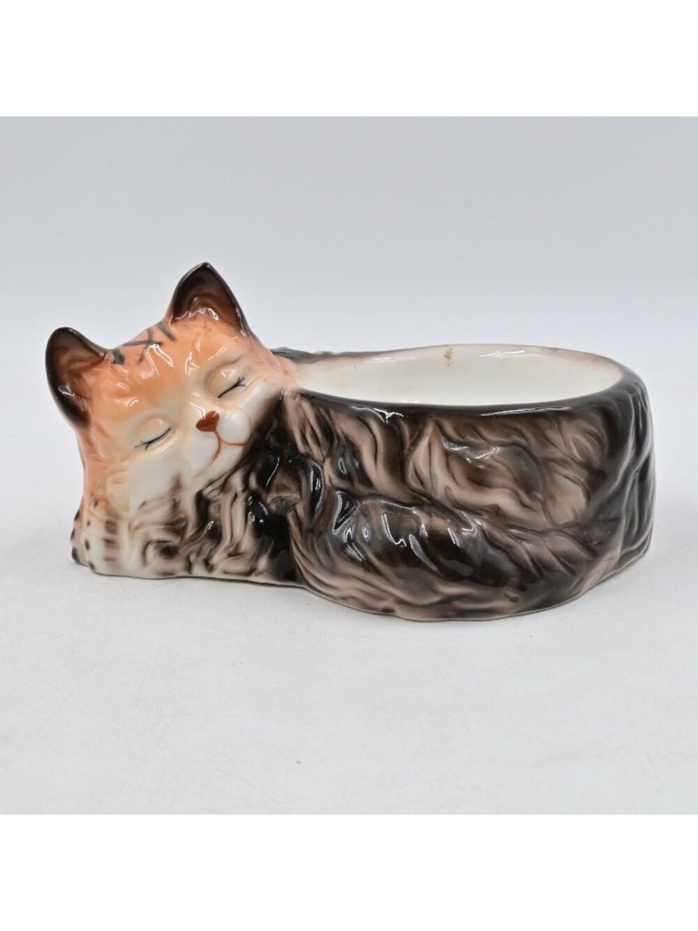Sleeping Cat Ceramic Planter Fluffy Calico Kitten Figurine Pot Vintage